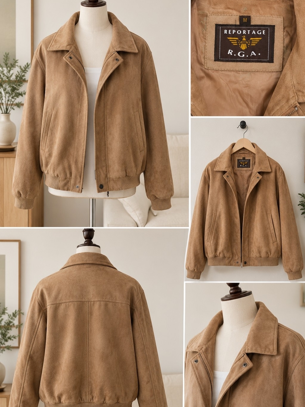 Reportage R.G.A. Camel Faux Suede Bomber Jacket | Vintage Y2K Zip-Up Coat